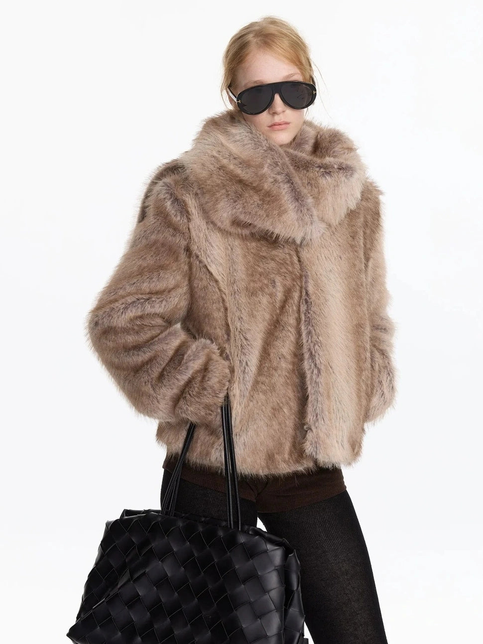 LYUOCHENG Cropped Wide Shoulder Faux Fur Coat In Beige