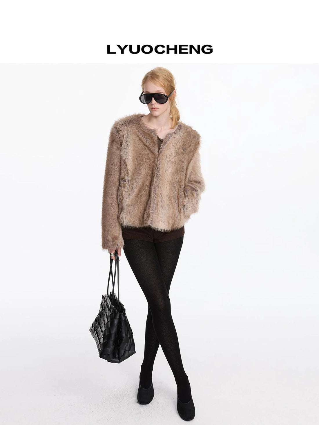 LYUOCHENG Cropped Wide Shoulder Faux Fur Coat In Beige