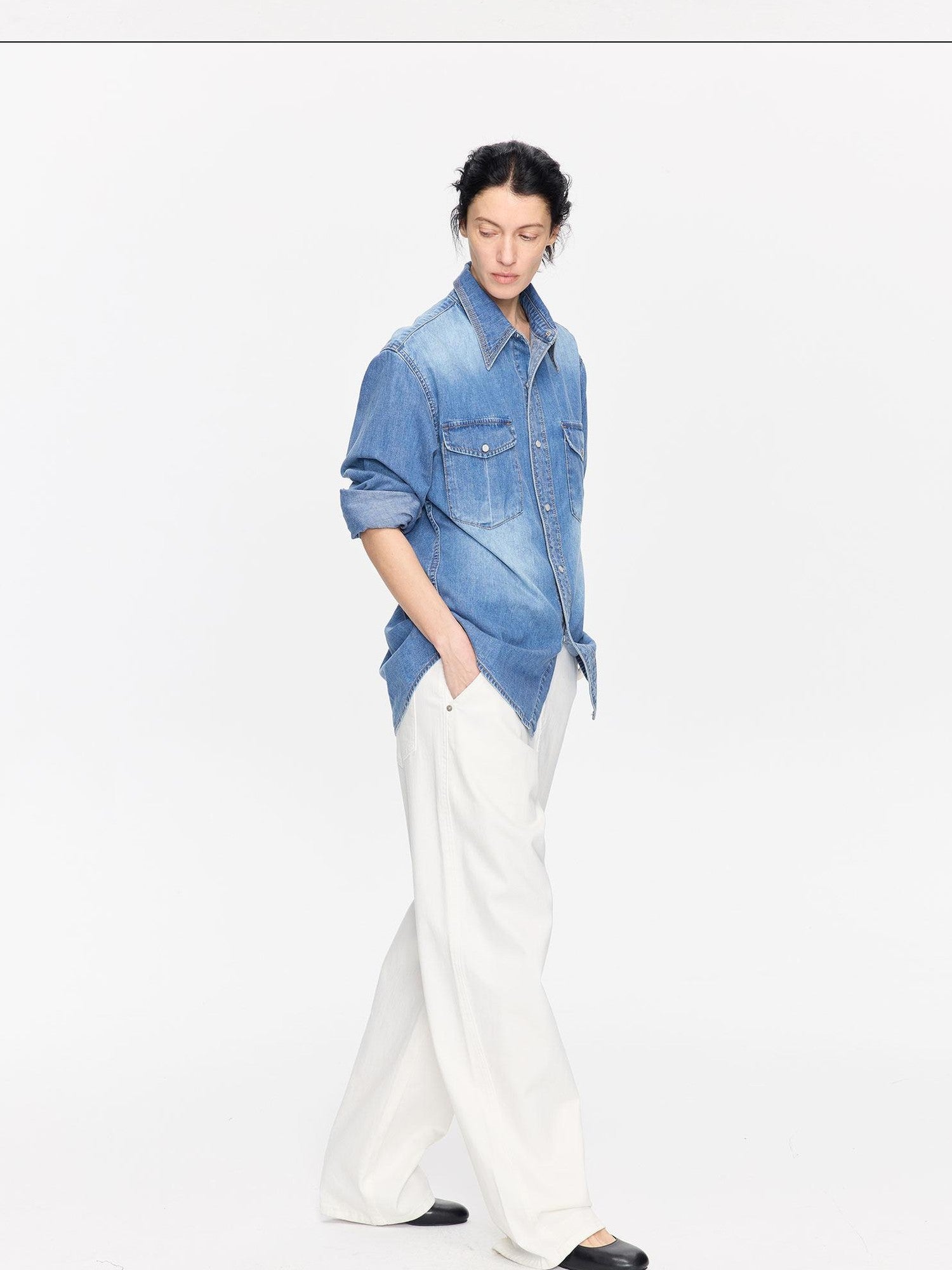 LYUOCHENG Curved Hem Minimalist Button Fly Natural Waist Women&