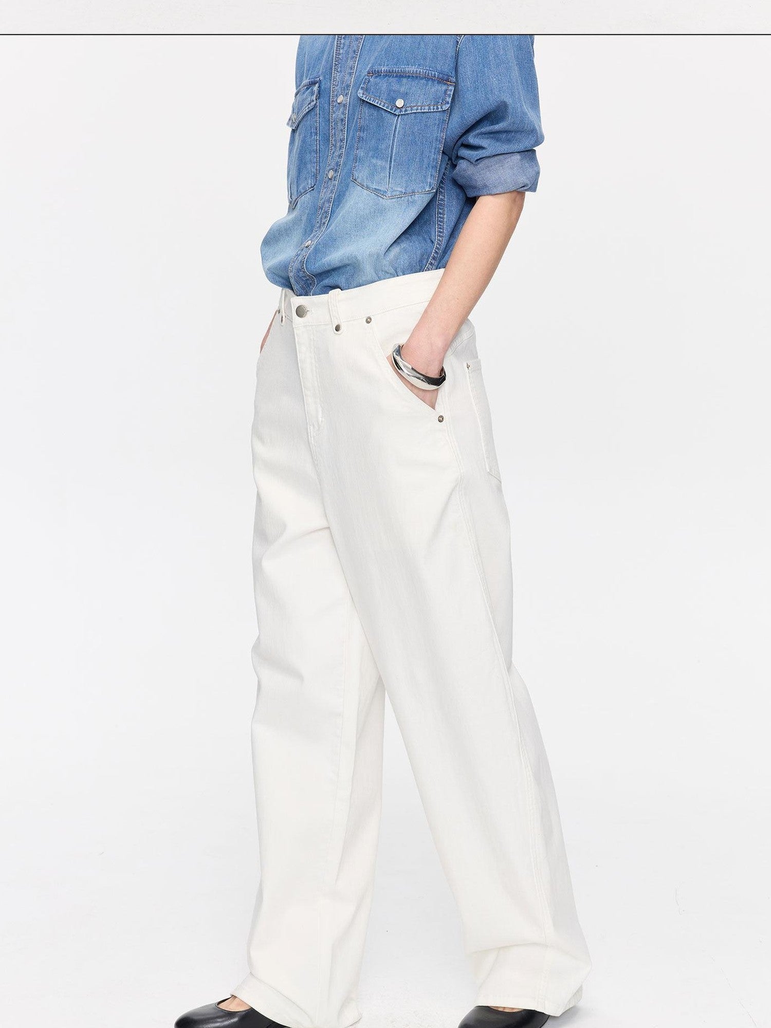 LYUOCHENG Curved Hem Minimalist Button Fly Natural Waist Women&