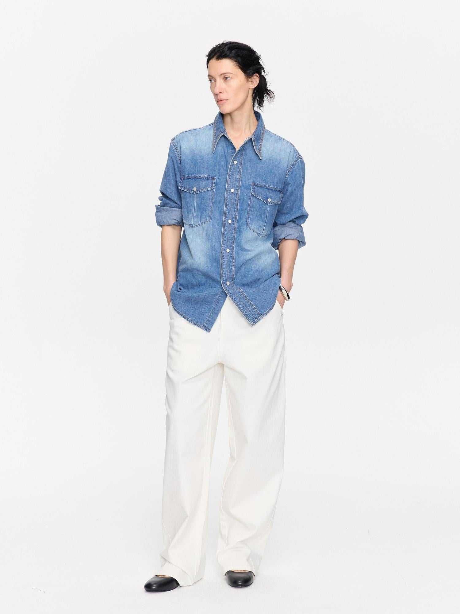 LYUOCHENG Curved Hem Minimalist Button Fly Natural Waist Women&