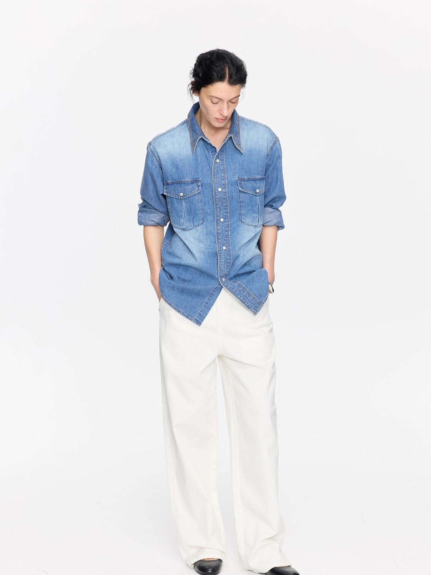 LYUOCHENG Curved Hem Minimalist Button Fly Natural Waist Women&