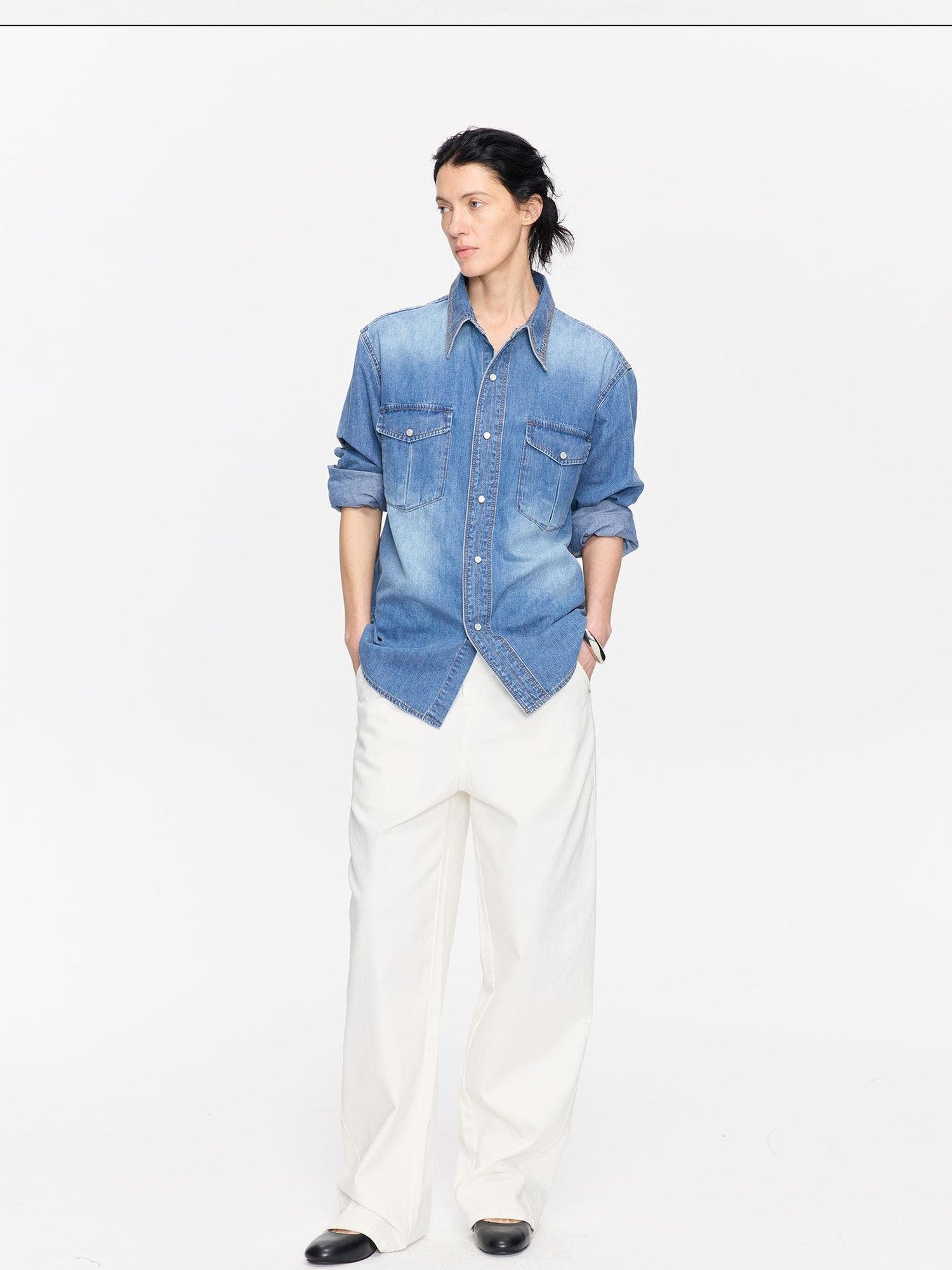 LYUOCHENG Curved Hem Minimalist Button Fly Natural Waist Women&