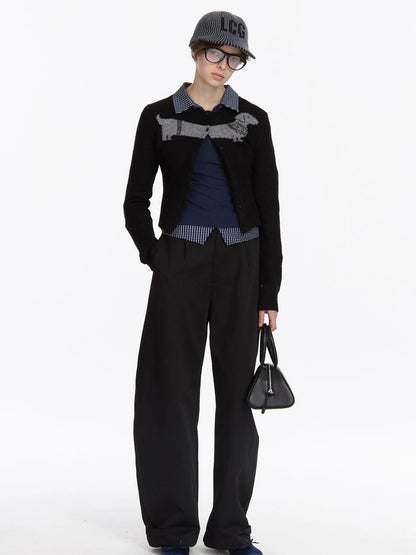 LYUOCHENG Dachshund Jacquard Knit Cardigan V-neck T-shirt Long Sleeve