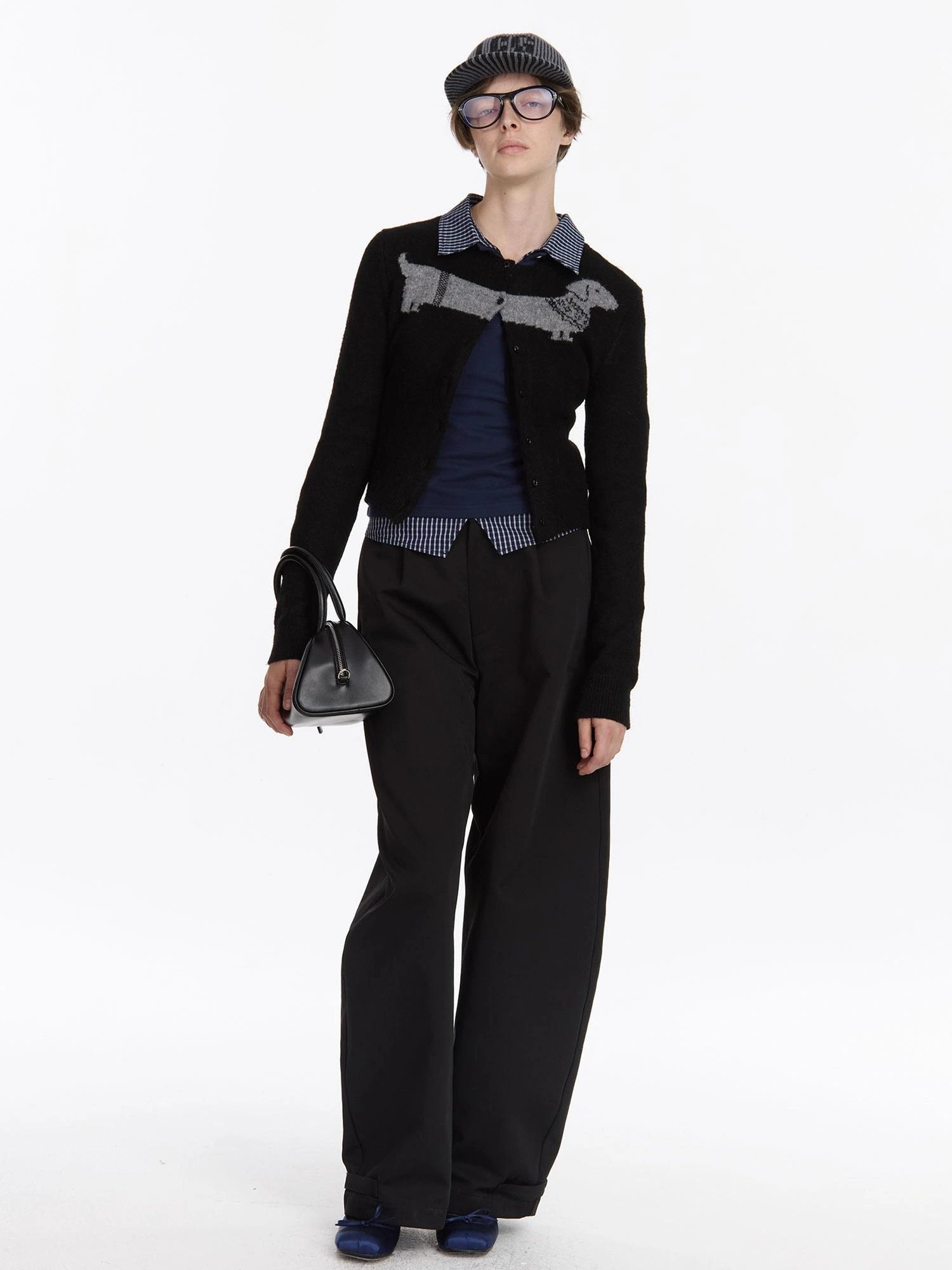 LYUOCHENG Dachshund Jacquard Knit Cardigan V-neck T-shirt Long Sleeve