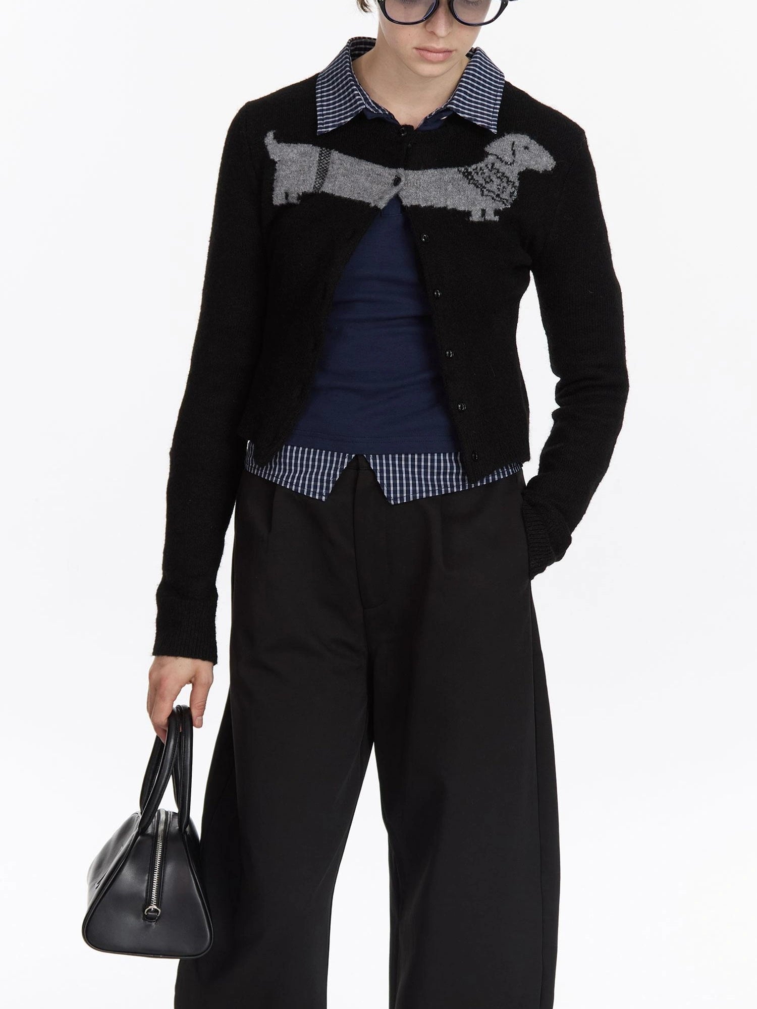 LYUOCHENG Dachshund Jacquard Knit Cardigan V-neck T-shirt Long Sleeve