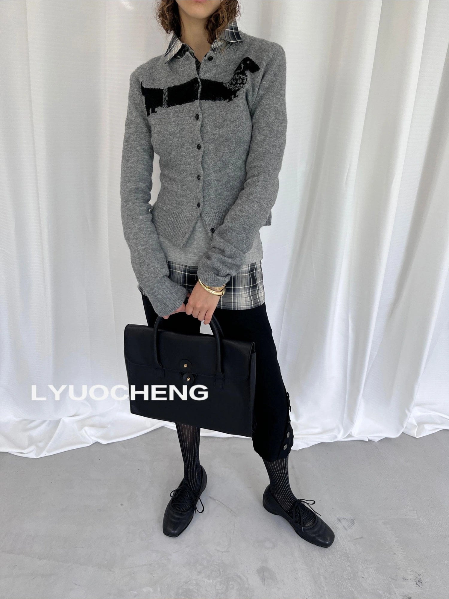 LYUOCHENG Dachshund Jacquard Knit Cardigan V-neck T-shirt Long Sleeve