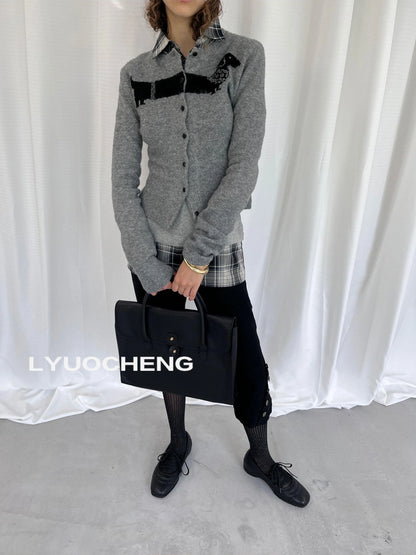 LYUOCHENG Dachshund Jacquard Knit Cardigan V-neck T-shirt Long Sleeve