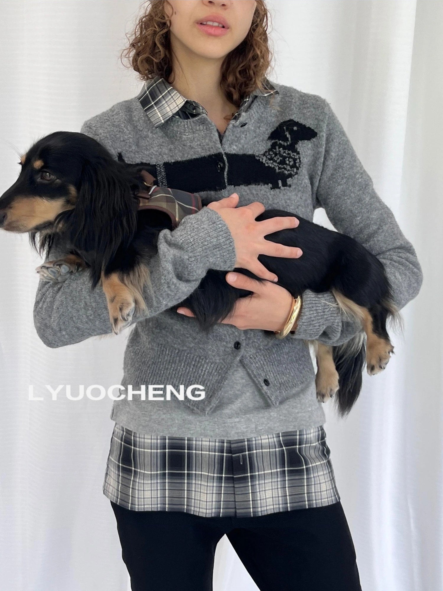 LYUOCHENG Dachshund Jacquard Knit Cardigan V-neck T-shirt Long Sleeve