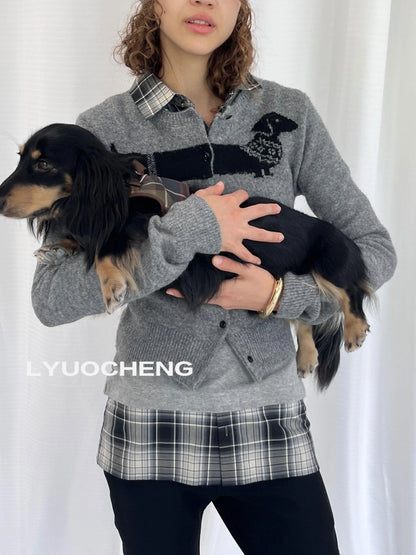 LYUOCHENG Dachshund Jacquard Knit Cardigan V-neck T-shirt Long Sleeve