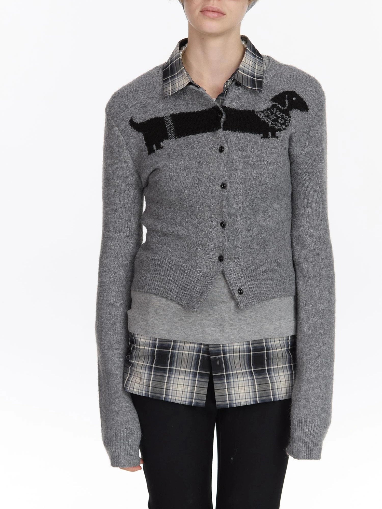 LYUOCHENG Dachshund Jacquard Knit Cardigan V-neck T-shirt Long Sleeve