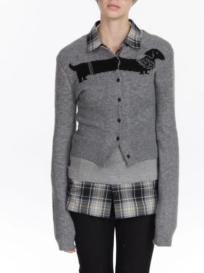 LYUOCHENG Dachshund Jacquard Knit Cardigan V-neck T-shirt Long Sleeve