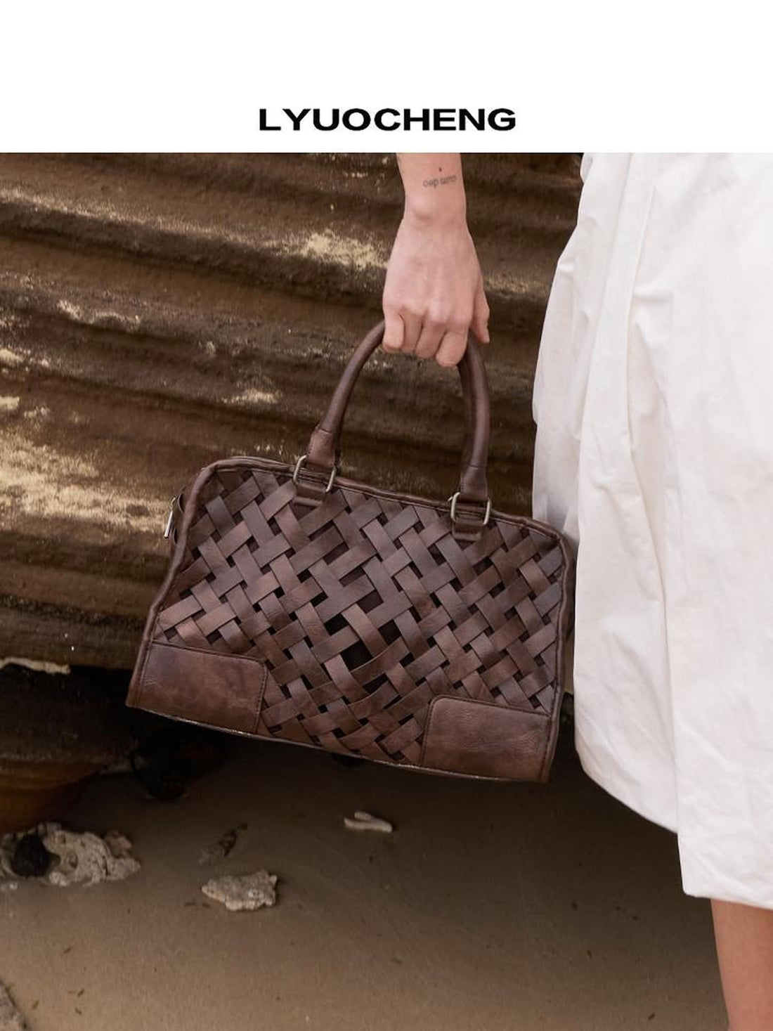 LYUOCHENG Deep Brown Vintage Handwoven English Square Single Strap Women&