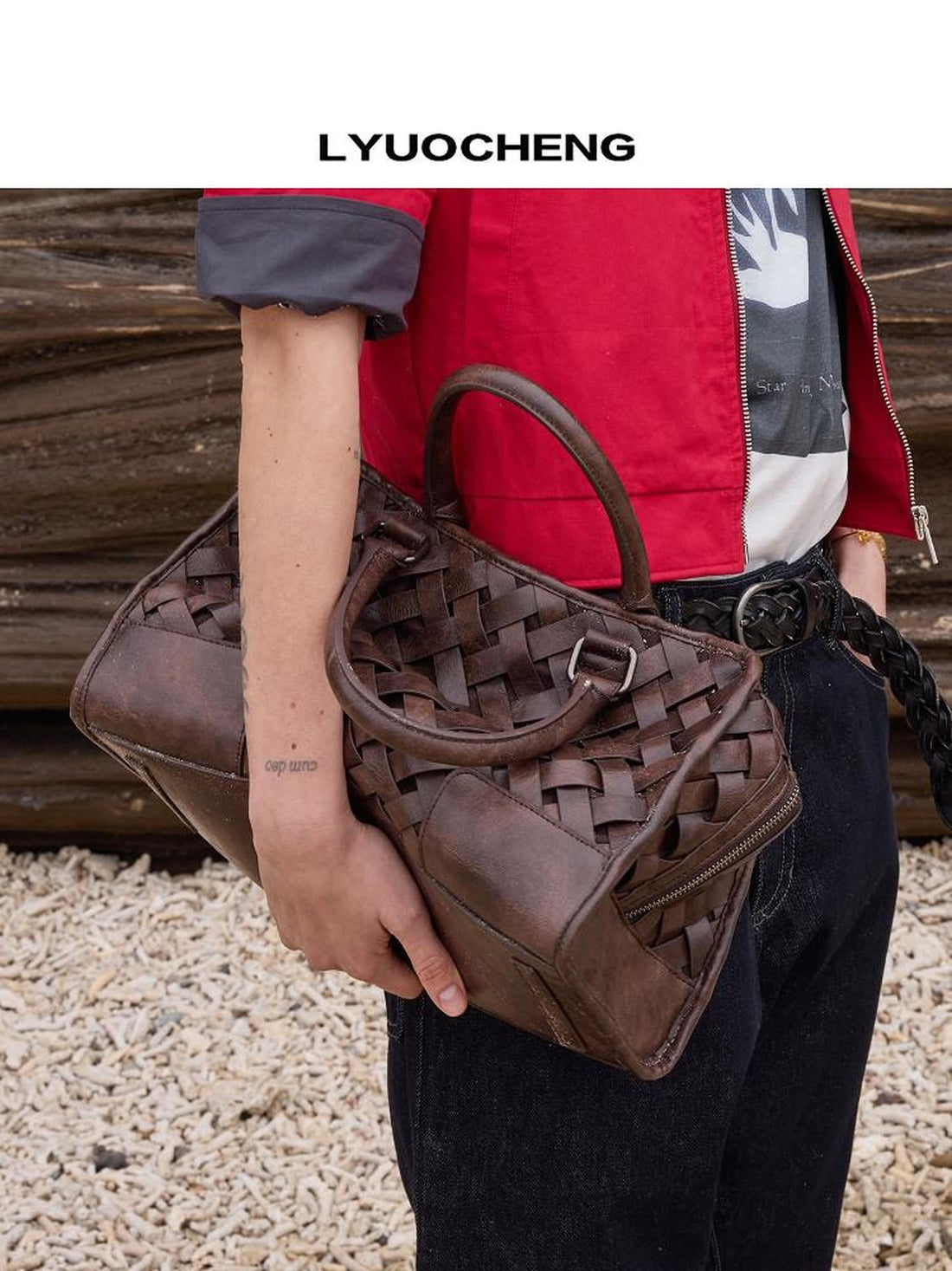LYUOCHENG Deep Brown Vintage Handwoven English Square Single Strap Women&