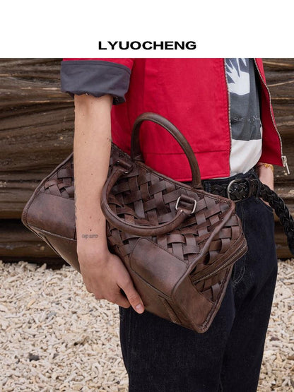 LYUOCHENG Deep Brown Vintage Handwoven English Square Single Strap Women&