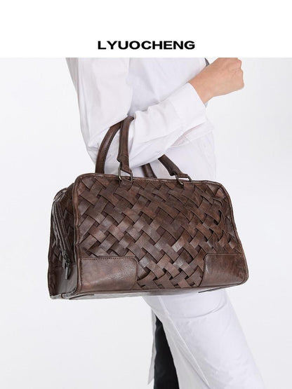 LYUOCHENG Deep Brown Vintage Handwoven English Square Single Strap Women&