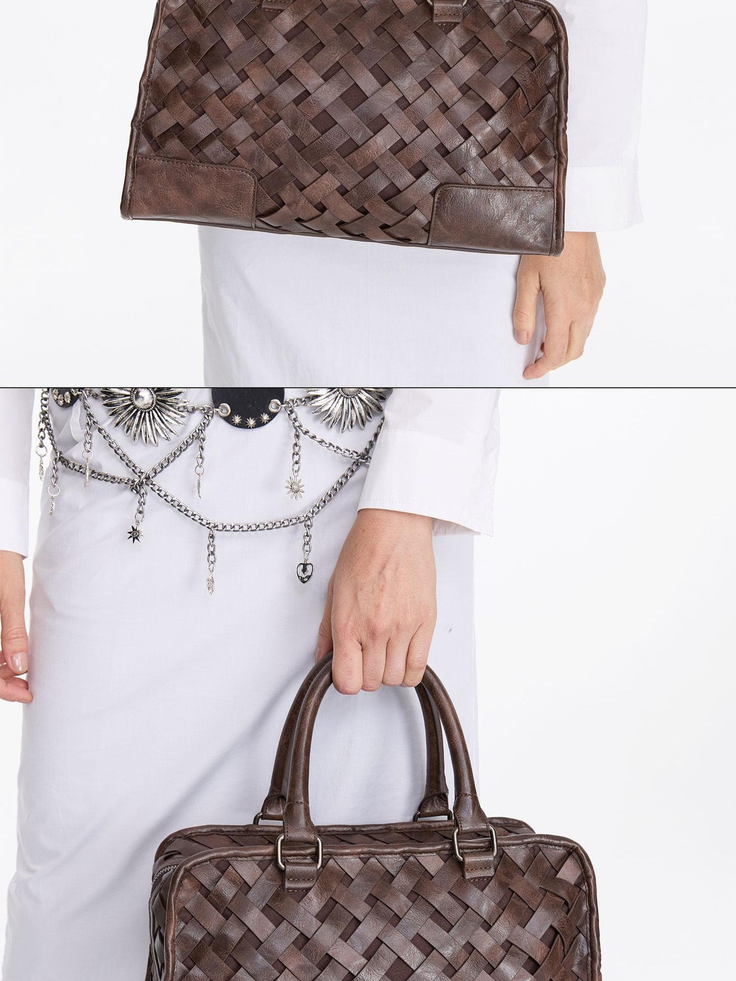 LYUOCHENG Deep Brown Vintage Handwoven English Square Single Strap Women&