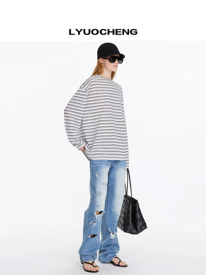 LYUOCHENG Distressed Light Blue High Rise Straight Leg Jeans