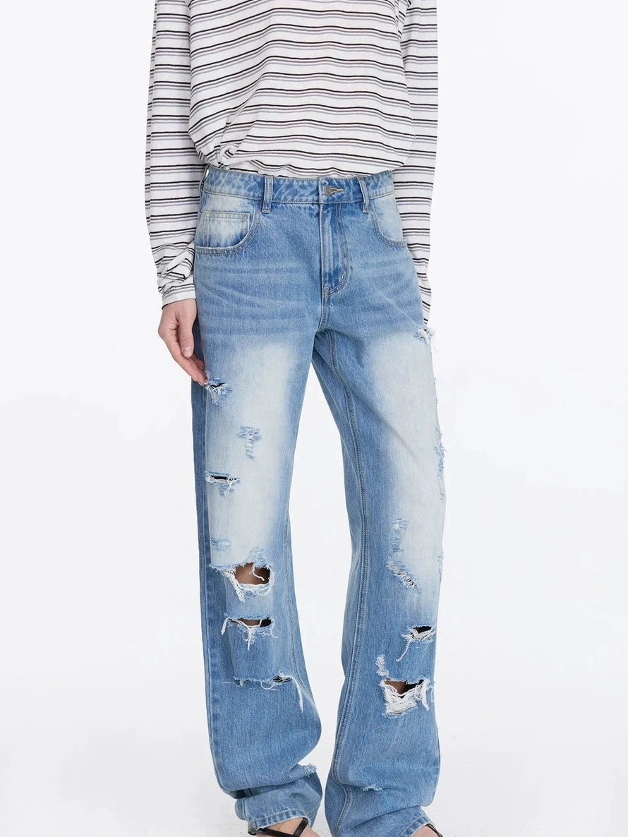 LYUOCHENG Distressed Light Blue High Rise Straight Leg Jeans