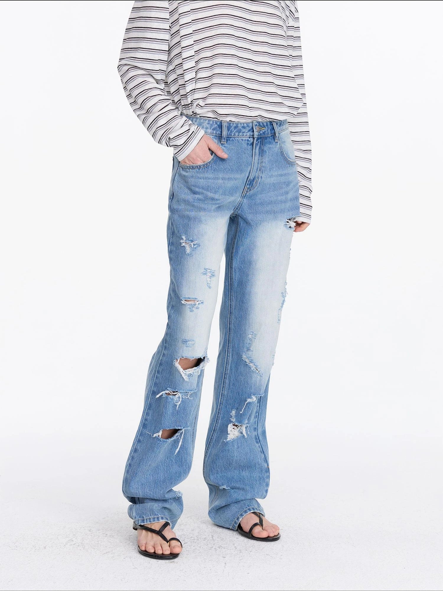 LYUOCHENG Distressed Light Blue High Waist Straight Leg Jeans
