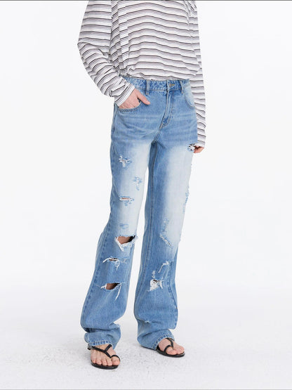 LYUOCHENG Distressed Light Blue High Waist Straight Leg Jeans