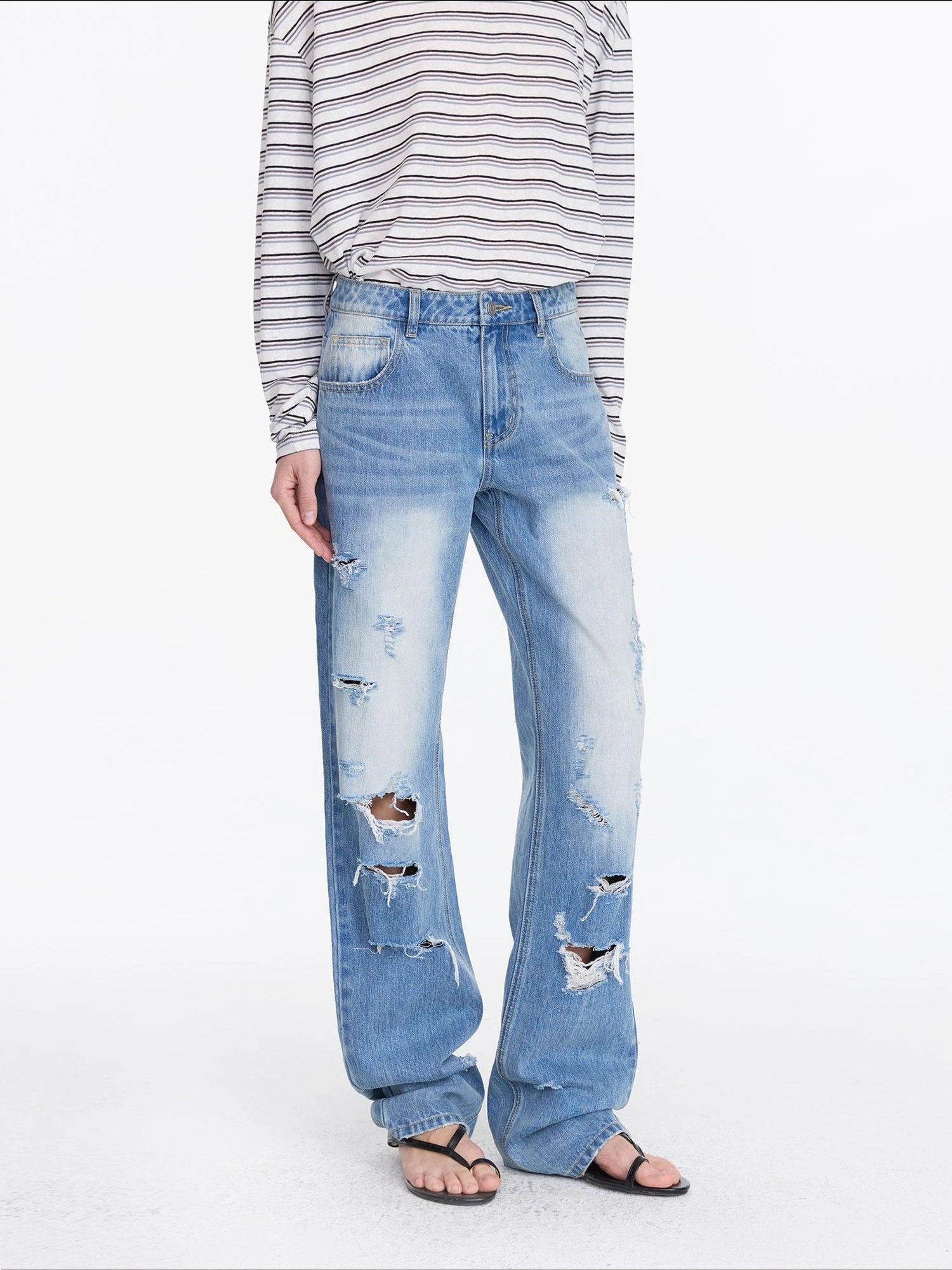 LYUOCHENG Distressed Light Blue High Waist Straight Leg Jeans