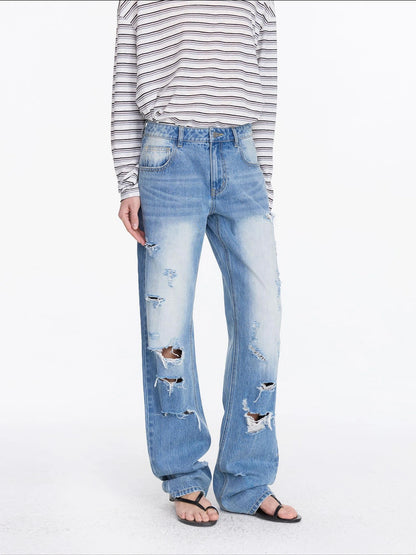 LYUOCHENG Distressed Light Blue High Waist Straight Leg Jeans