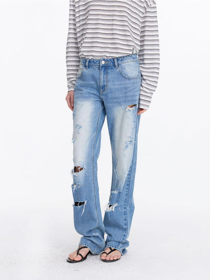 LYUOCHENG Distressed Light Blue High Waist Straight Leg Jeans