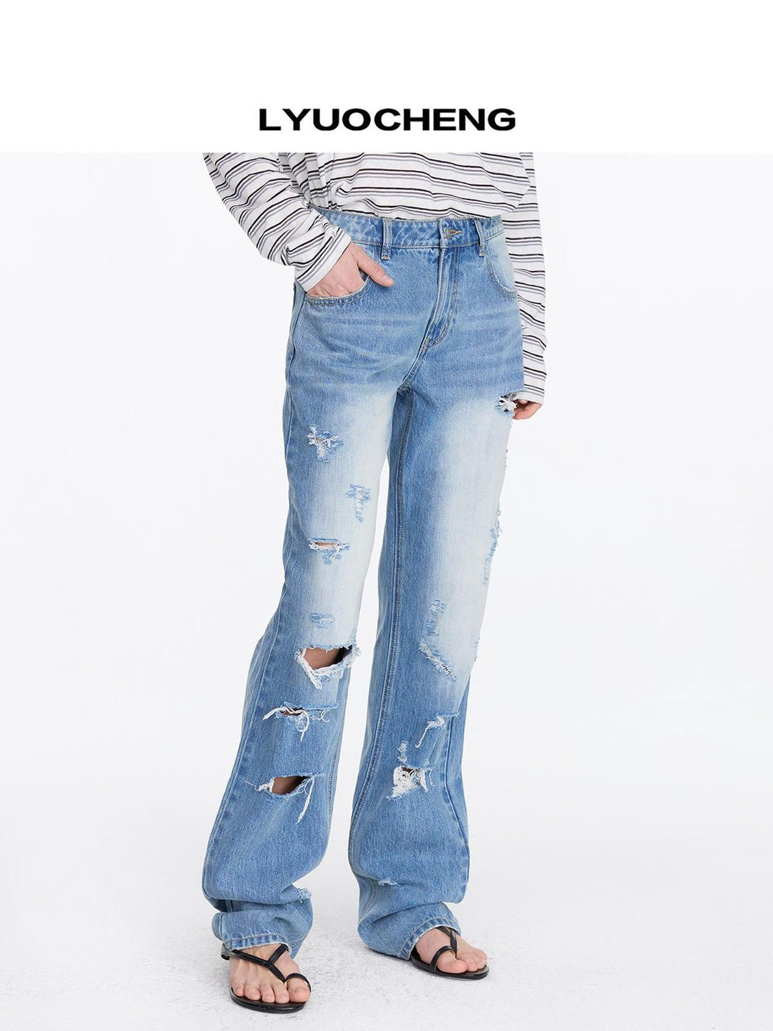 LYUOCHENG Distressed Light Blue High Waist Straight Leg Jeans
