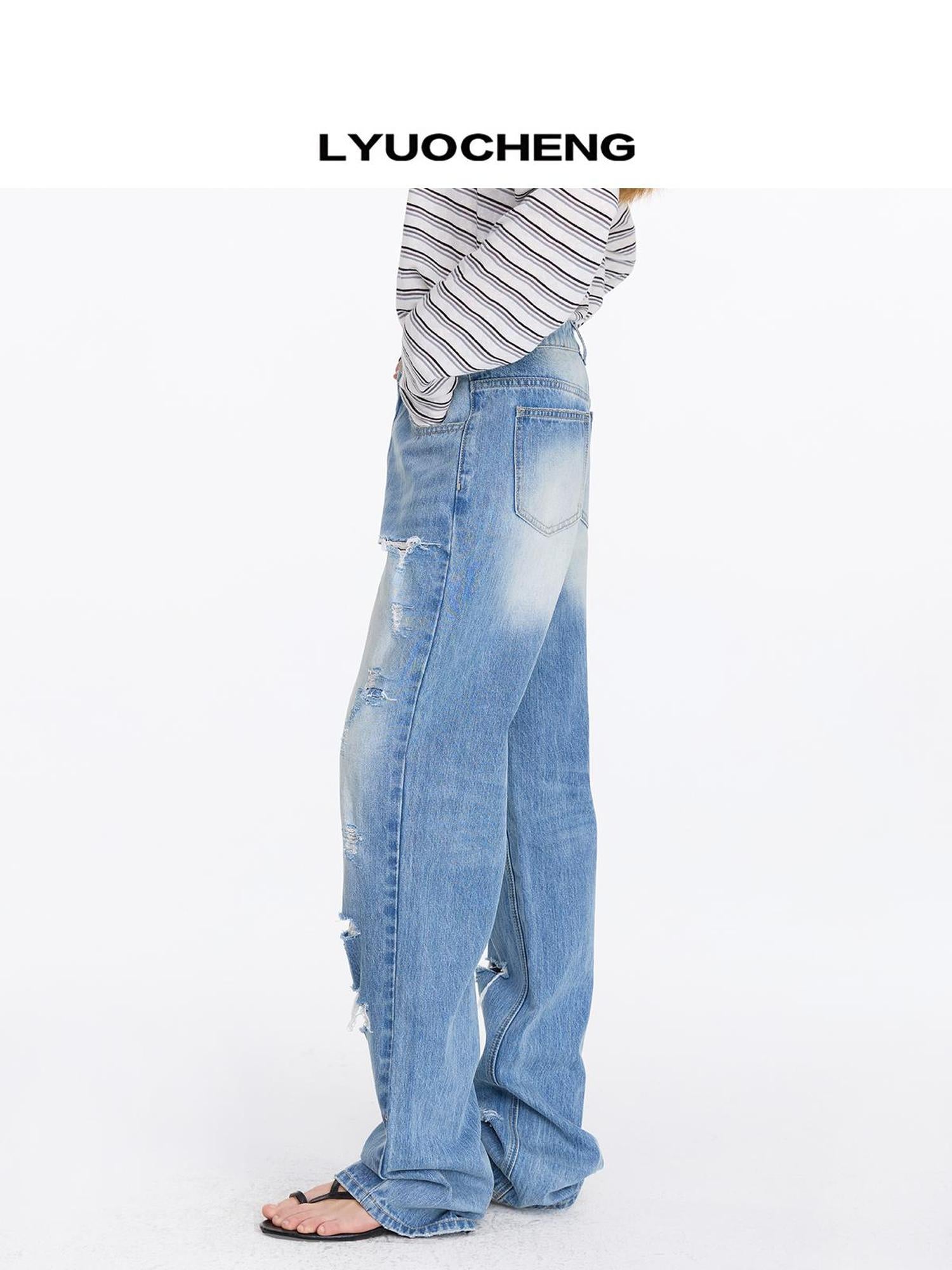 LYUOCHENG Distressed Light Blue High Waist Straight Leg Jeans