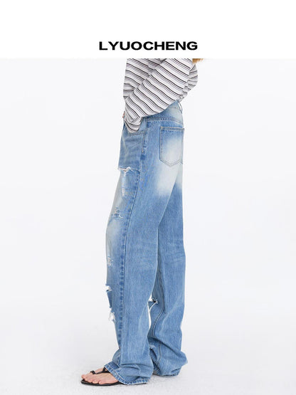 LYUOCHENG Distressed Light Blue High Waist Straight Leg Jeans
