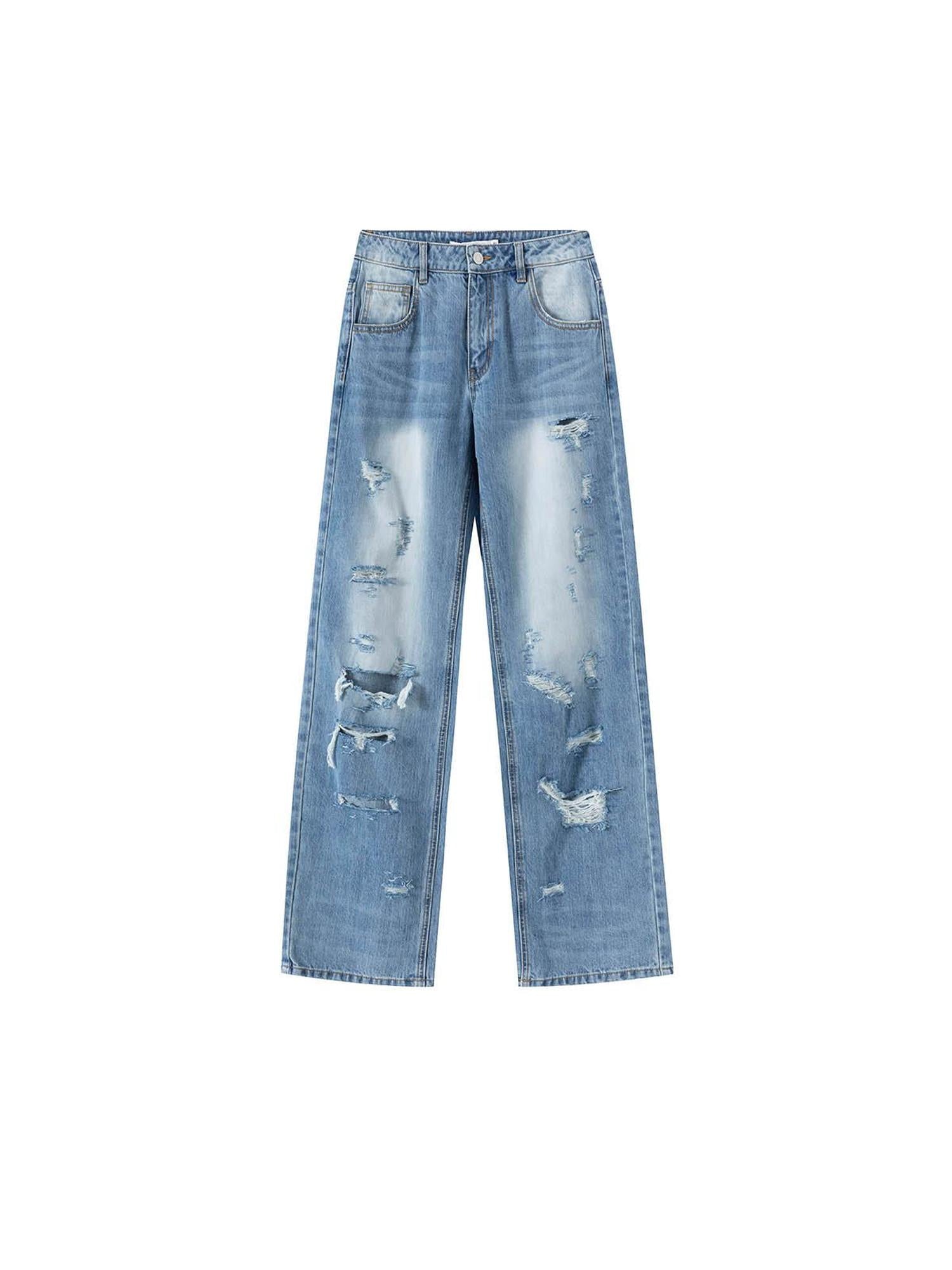 LYUOCHENG Distressed Light Blue High Waist Straight Leg Jeans