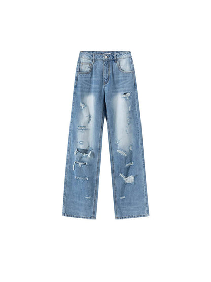 LYUOCHENG Distressed Light Blue High Waist Straight Leg Jeans