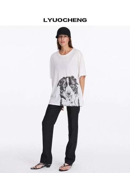LYUOCHENG Dog Print Loose Fit Crew Neck Women&