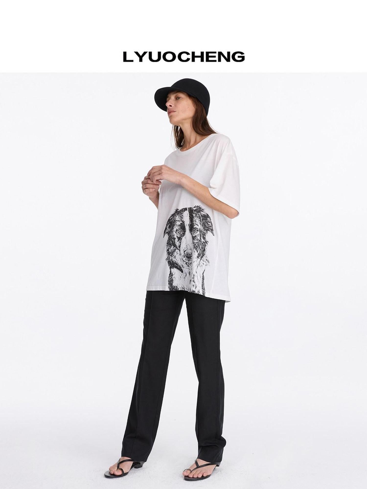 LYUOCHENG Dog Print Loose Fit Crew Neck Women&