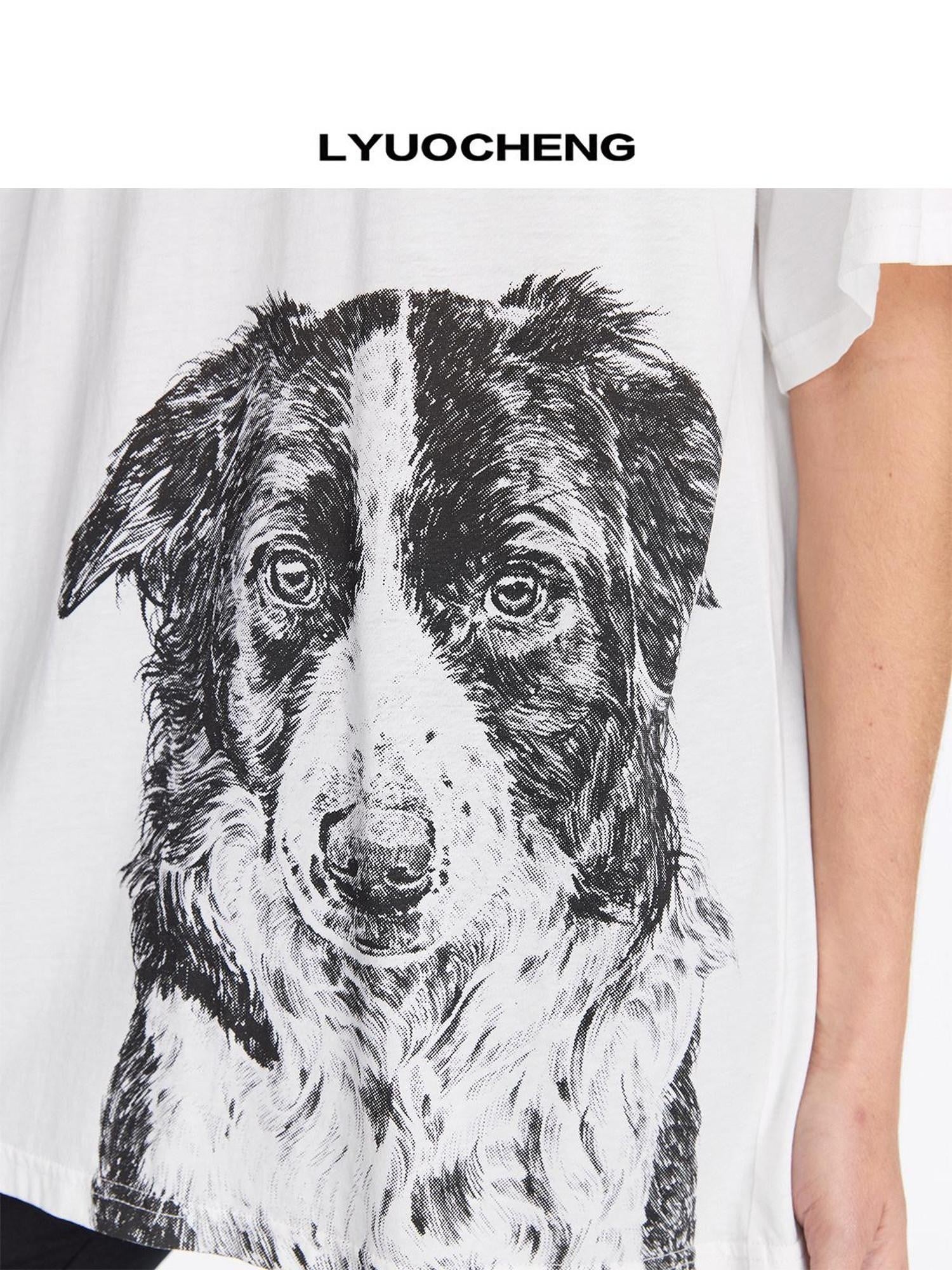 LYUOCHENG Dog Print Loose Fit Crew Neck Women&