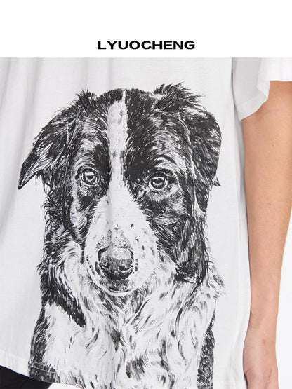 LYUOCHENG Dog Print Loose Fit Crew Neck Women&