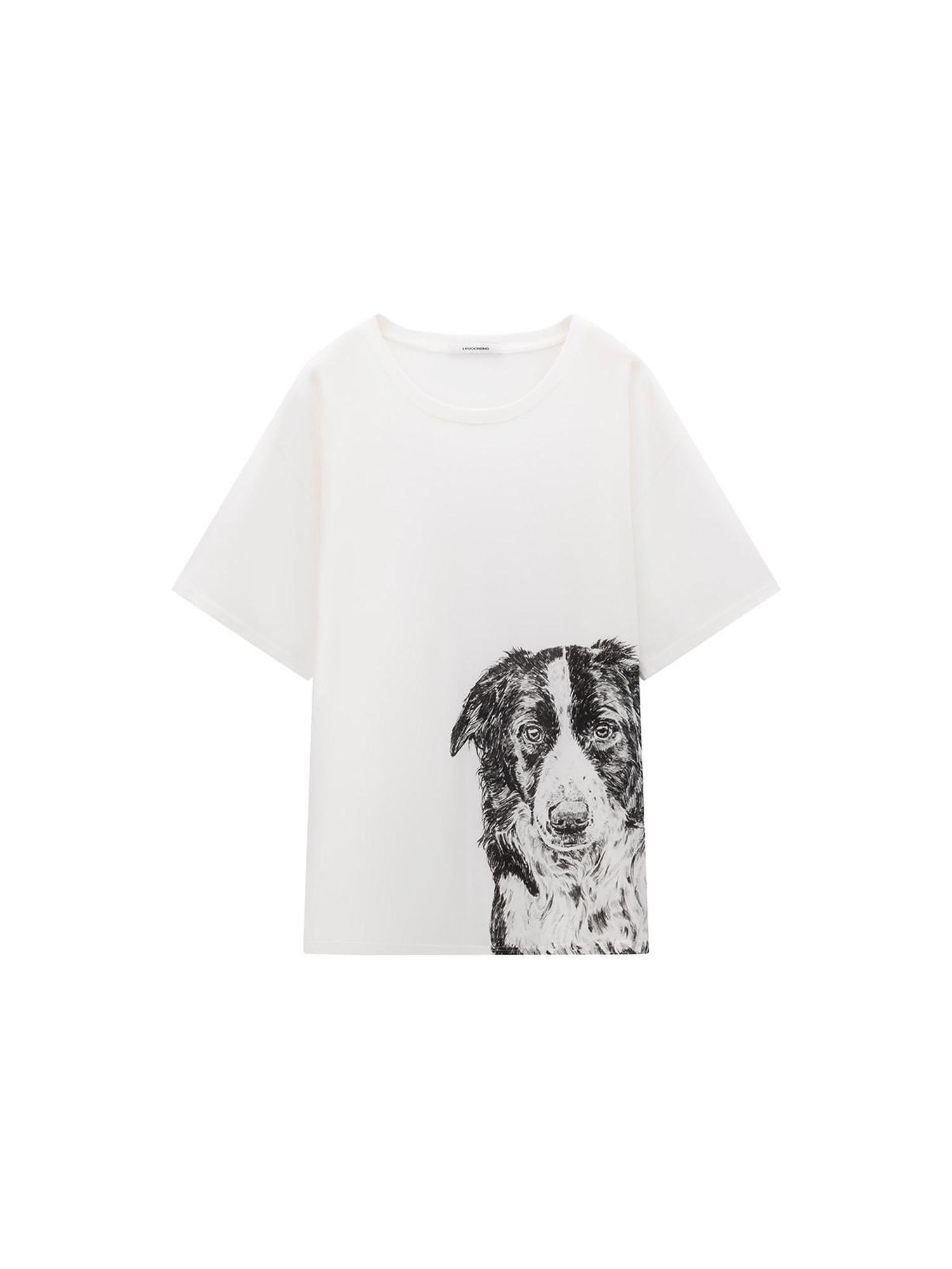 LYUOCHENG Dog Print Loose Fit Crew Neck Women&