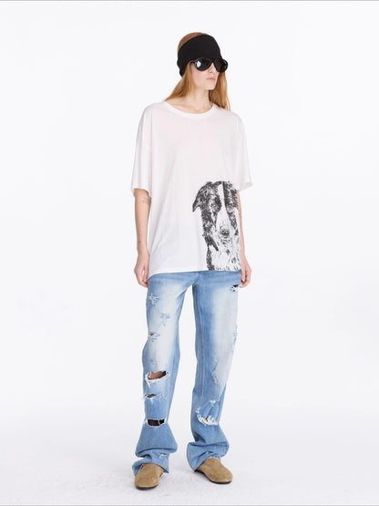 LYUOCHENG Dog Print Loose Fit T-Shirt