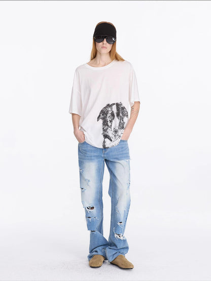 LYUOCHENG Dog Print Loose Fit T-Shirt