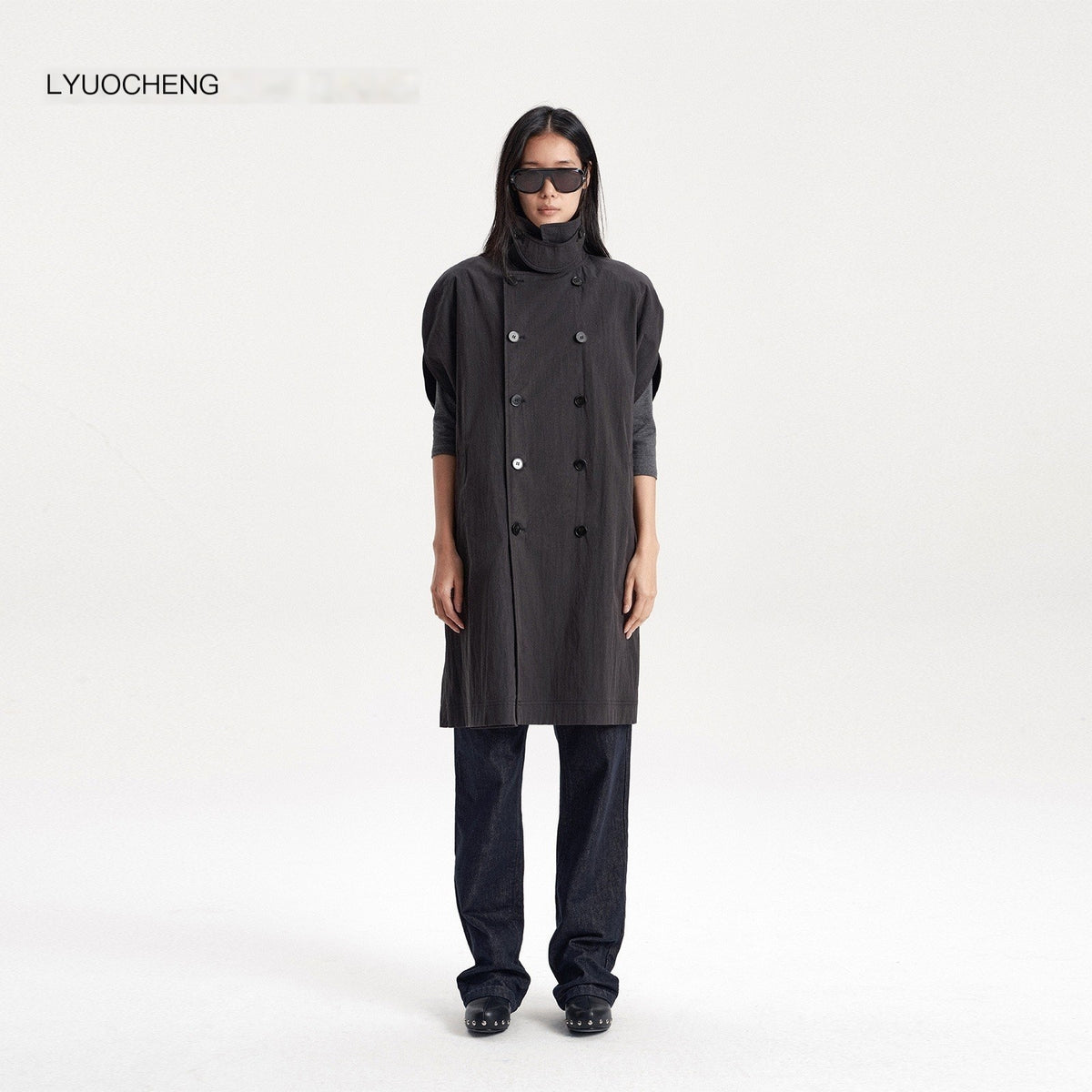 LYUOCHENG_Double_Breasted_Cape_Style_Stand_Collar_Cotton_Blend_Long_Women&