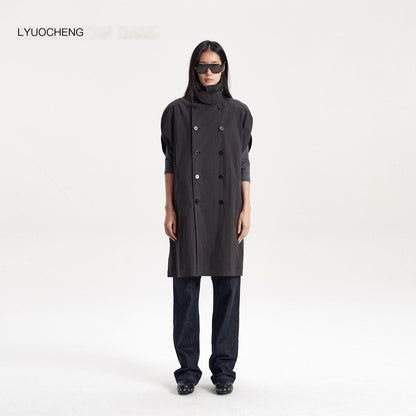 LYUOCHENG_Double_Breasted_Cape_Style_Stand_Collar_Cotton_Blend_Long_Women&