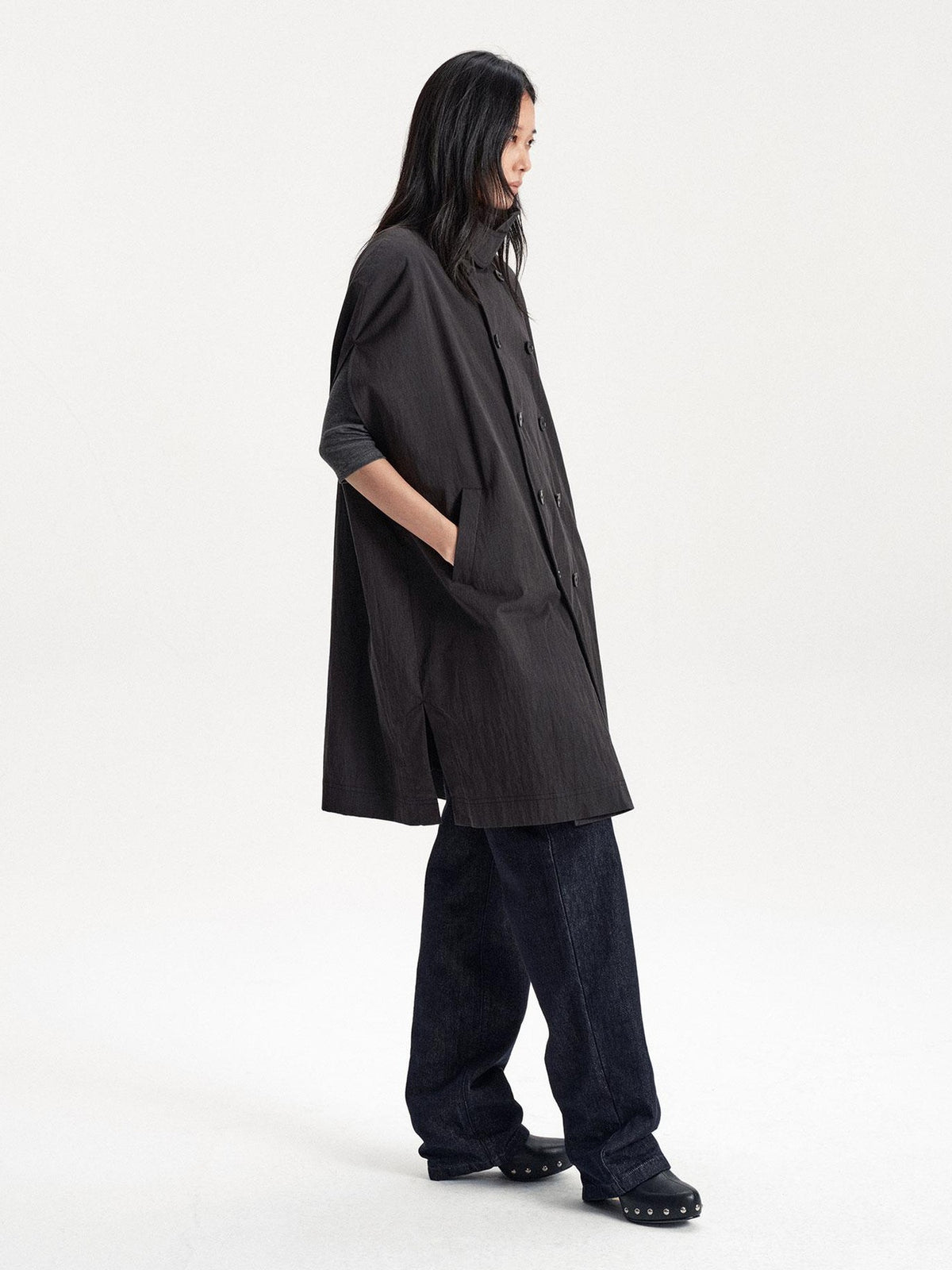 LYUOCHENG Double Breasted Cape Style Stand Collar Cotton Blend Long Women&
