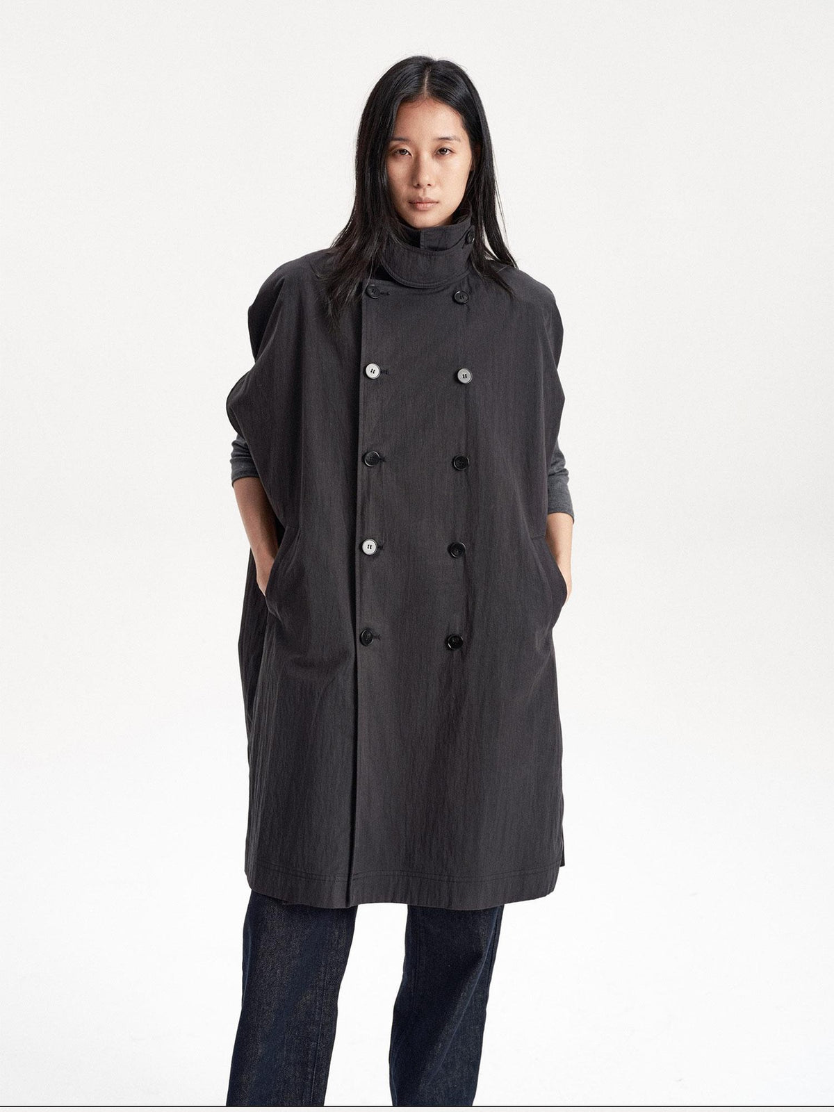LYUOCHENG Double Breasted Cape Style Stand Collar Cotton Blend Long Women&
