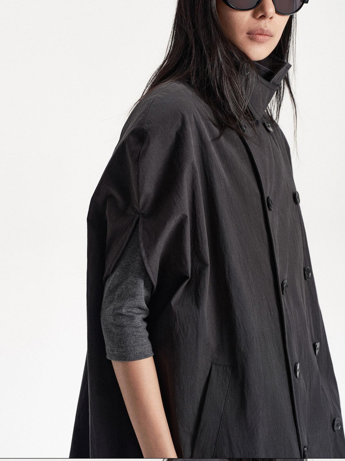 LYUOCHENG Double Breasted Cape Style Stand Collar Cotton Blend Long Women&