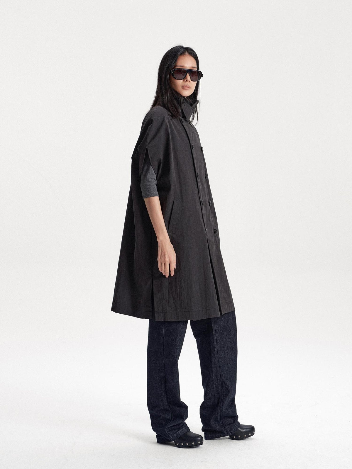 LYUOCHENG Double Breasted Cape Style Stand Collar Cotton Blend Long Women&