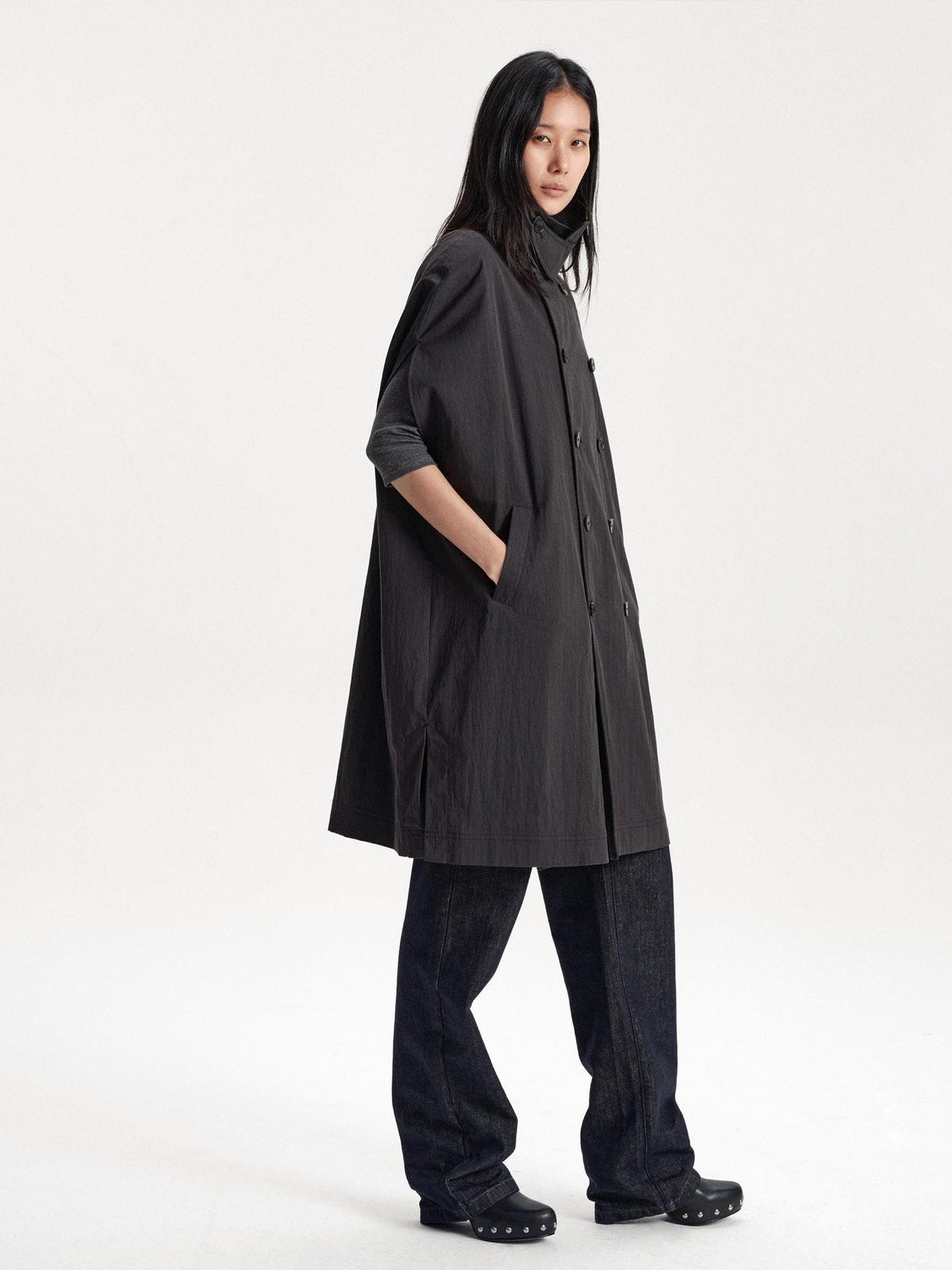 LYUOCHENG Double Breasted Cape Style Stand Collar Cotton Blend Long Women&