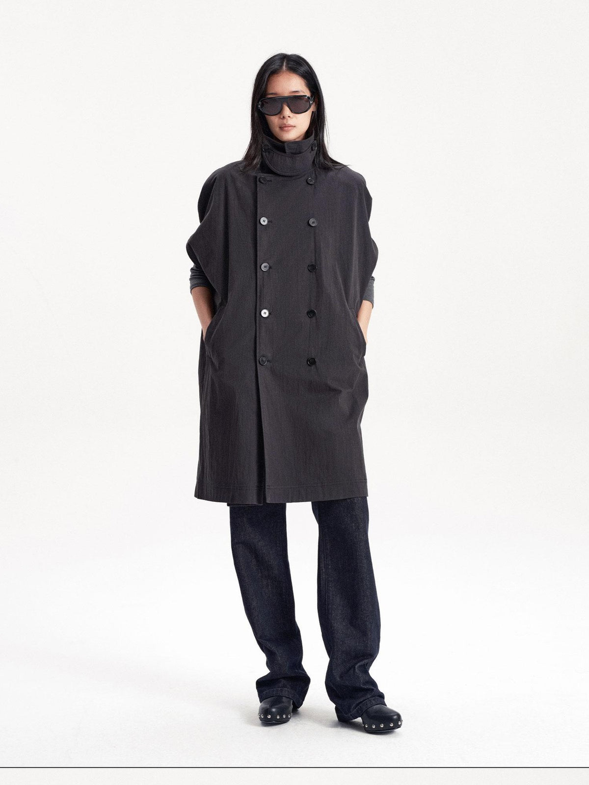 LYUOCHENG Double Breasted Cape Style Stand Collar Cotton Blend Long Women&