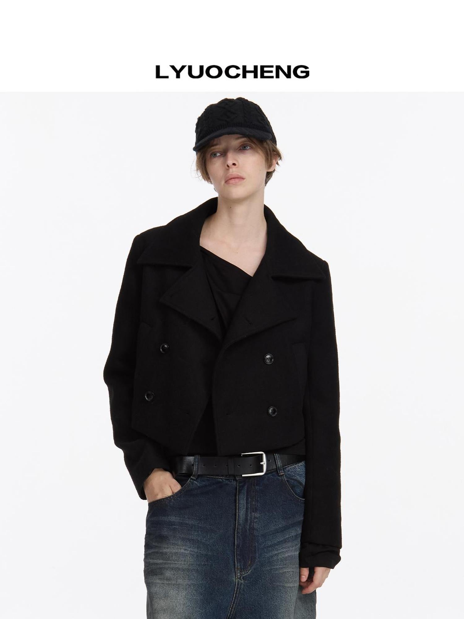 LYUOCHENG Double Breasted Wool Blend Stand Collar Short Coat