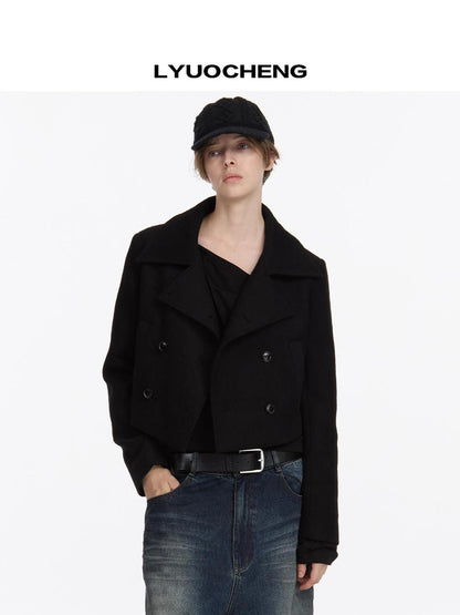 LYUOCHENG Double Breasted Wool Blend Stand Collar Short Coat